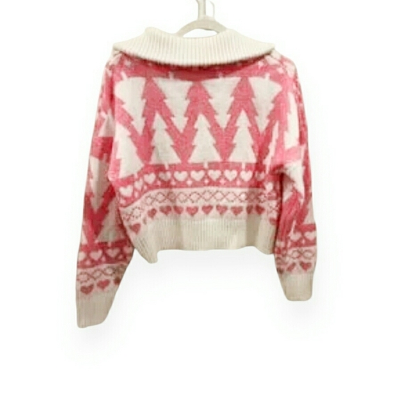 Jessica Simpson Winter Fuzzy Pink Christmas Tree Heart Cropped Half Zip Sweater - Picture 2 of 11
